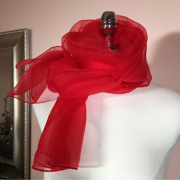 Vintage 40 50 Retro Sheer Red Oversized Long Scarf Wrap Minimalist Evening - Picture 6 of 15